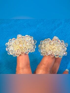Vintage Crystal Cluster Clip-On Earrings - Iridescent Clear